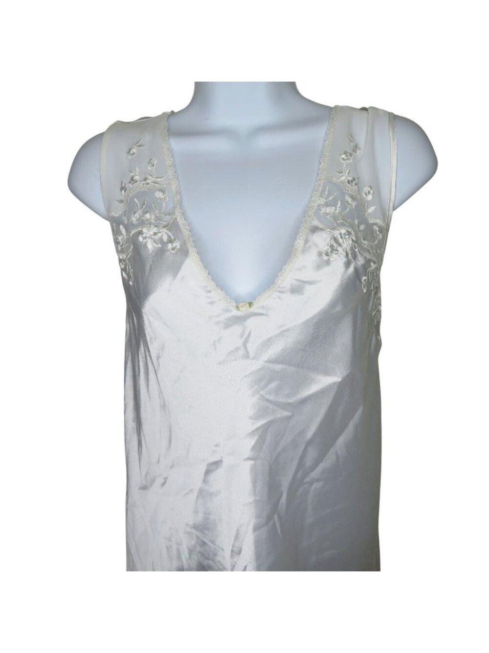 Oscar De La Renta Pink Label White Satin Nightgown Floral Embroidery Lace Trim L